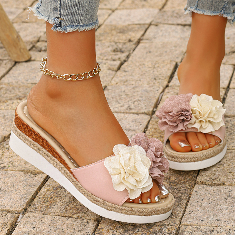 Women's Pink Flower Decor Plat - Wedge Espadrille Women 리뷰 및 가격