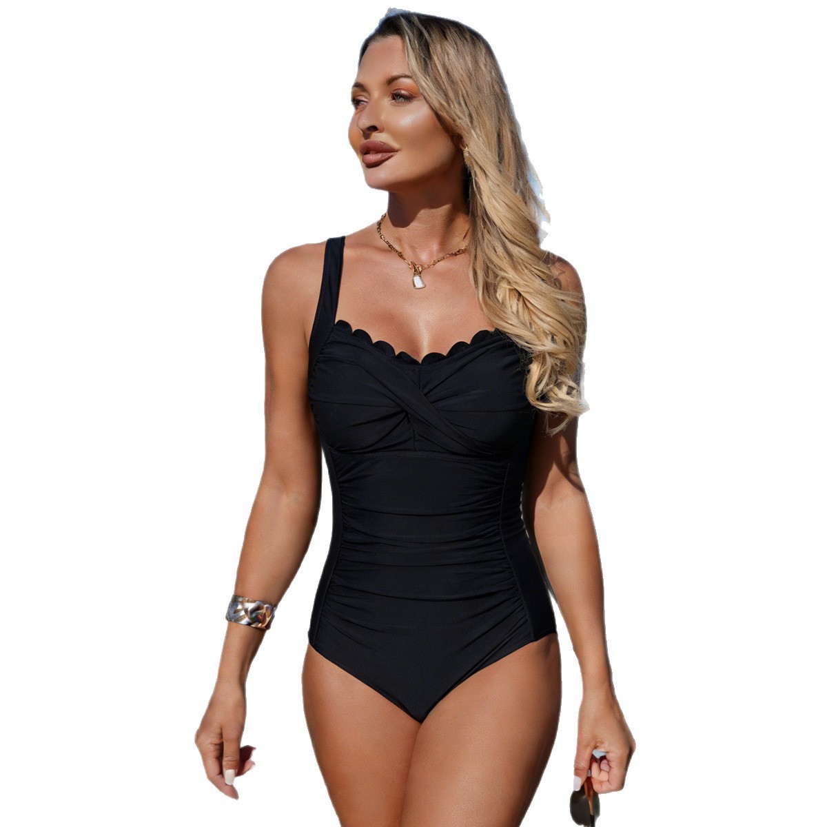 Black Swimsuit Scalloped Neckl - Swimsuit Bikini Ruched 리뷰 및 가격