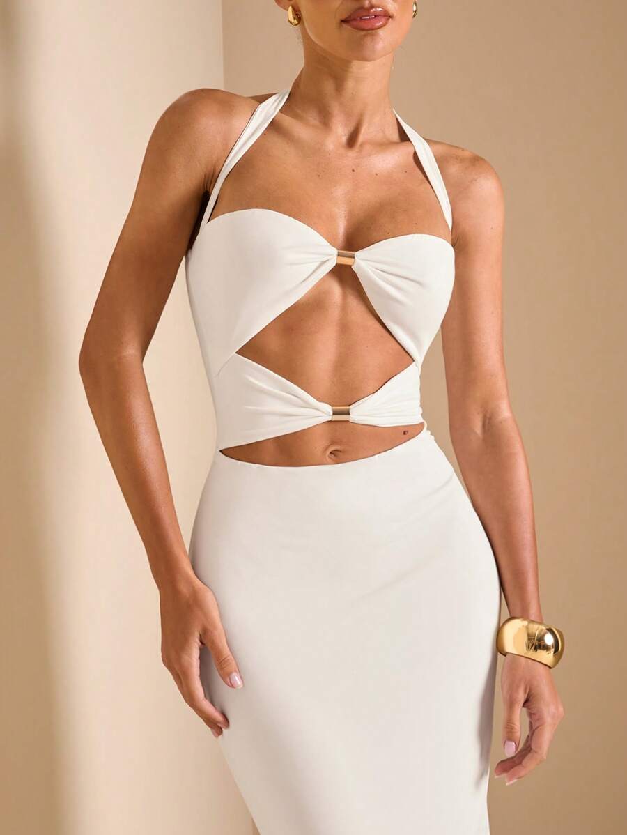 White Cut Out Halter Neck Fitt - Maxi Dress Halter 리뷰 및 가격