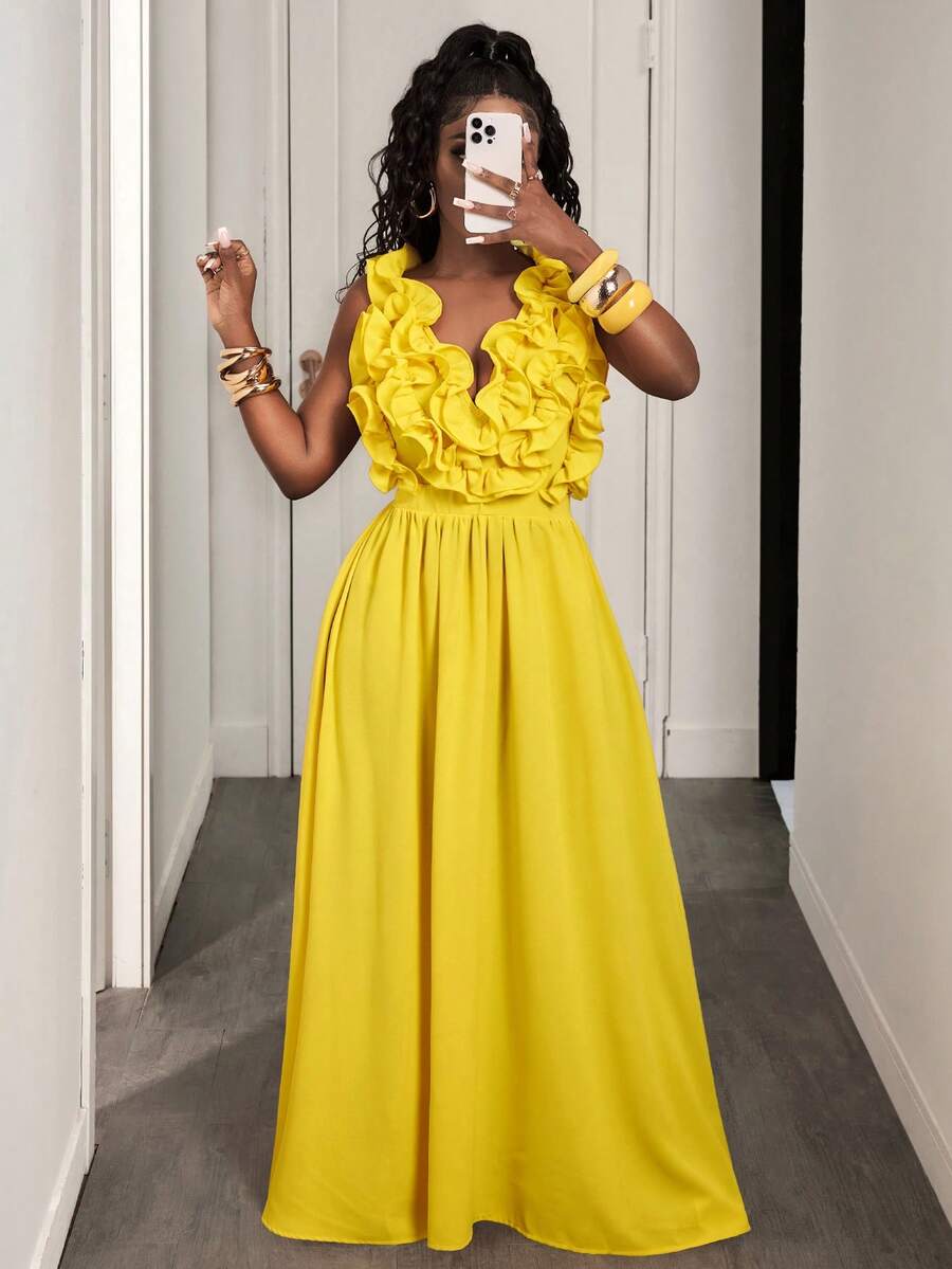 Yellow Deep V-Neck Ruffle Halt - Maxi Dress Halter 리뷰 및 가격