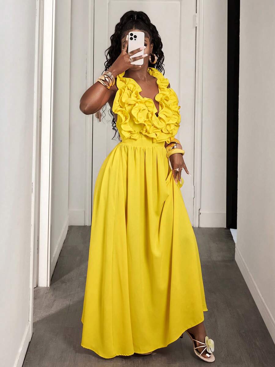Yellow Deep V-Neck Ruffle Halt - Maxi Dress Halter 리뷰 및 가격