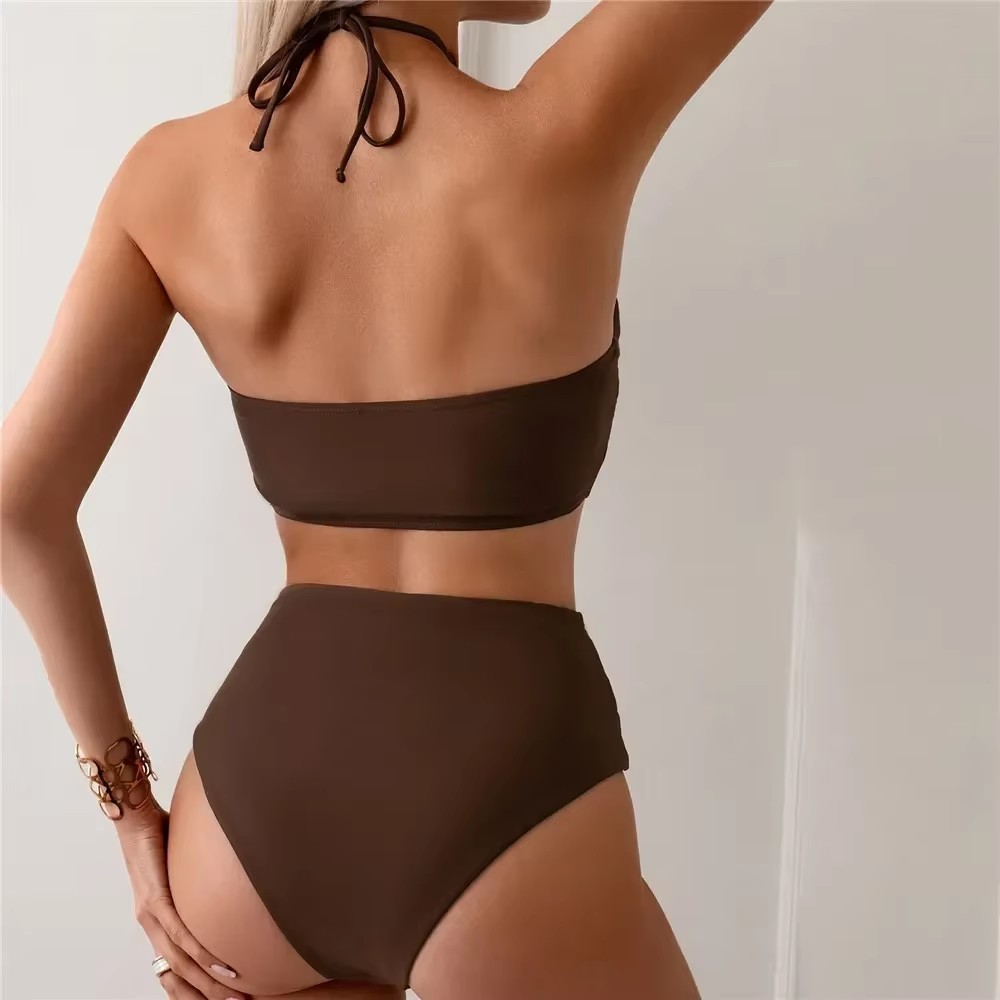 Dark Brown Solid Swimwears Hal - Swimsuit Bikini Ruched 리뷰 및 가격