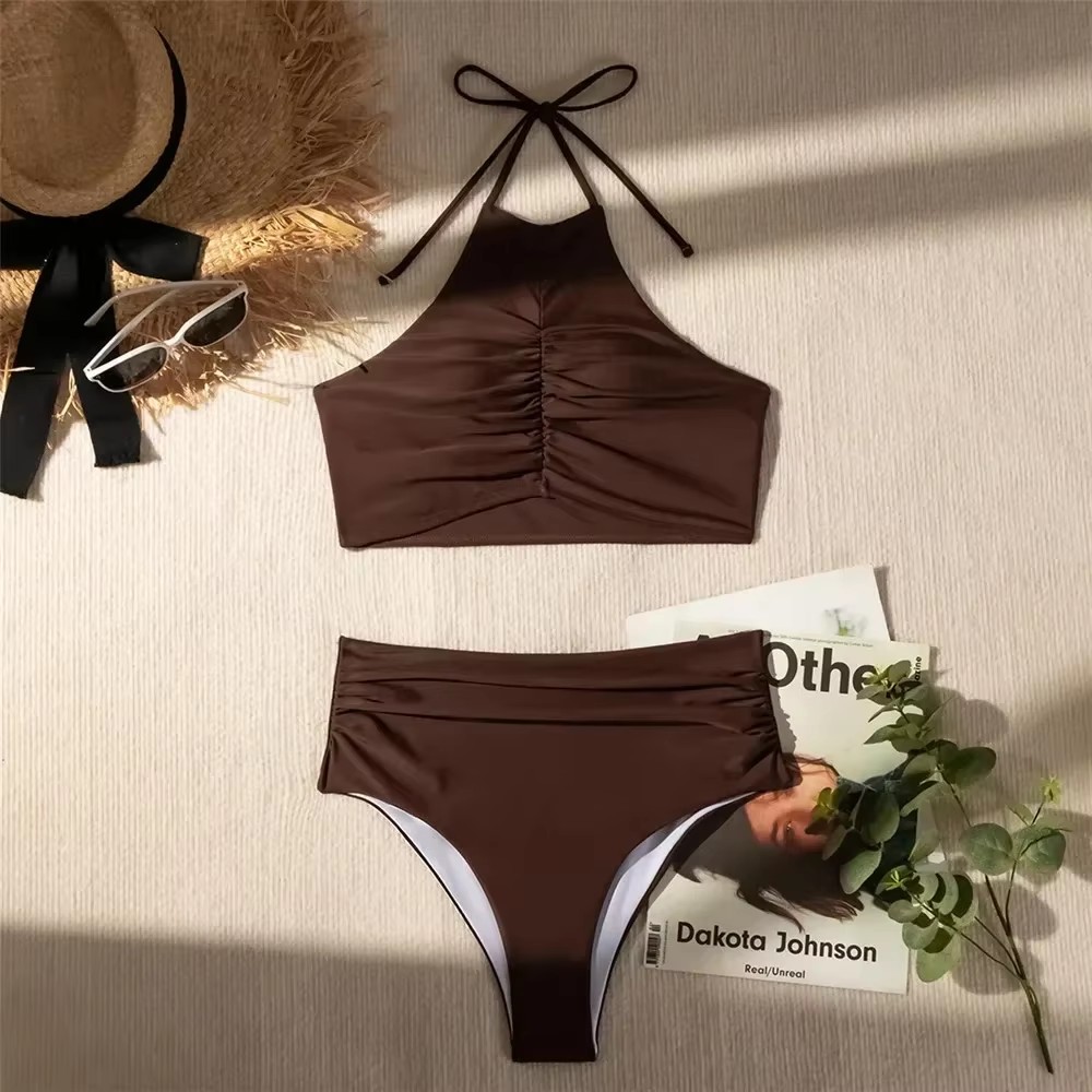 Dark Brown Solid Swimwears Hal - Swimsuit Bikini Ruched 리뷰 및 가격
