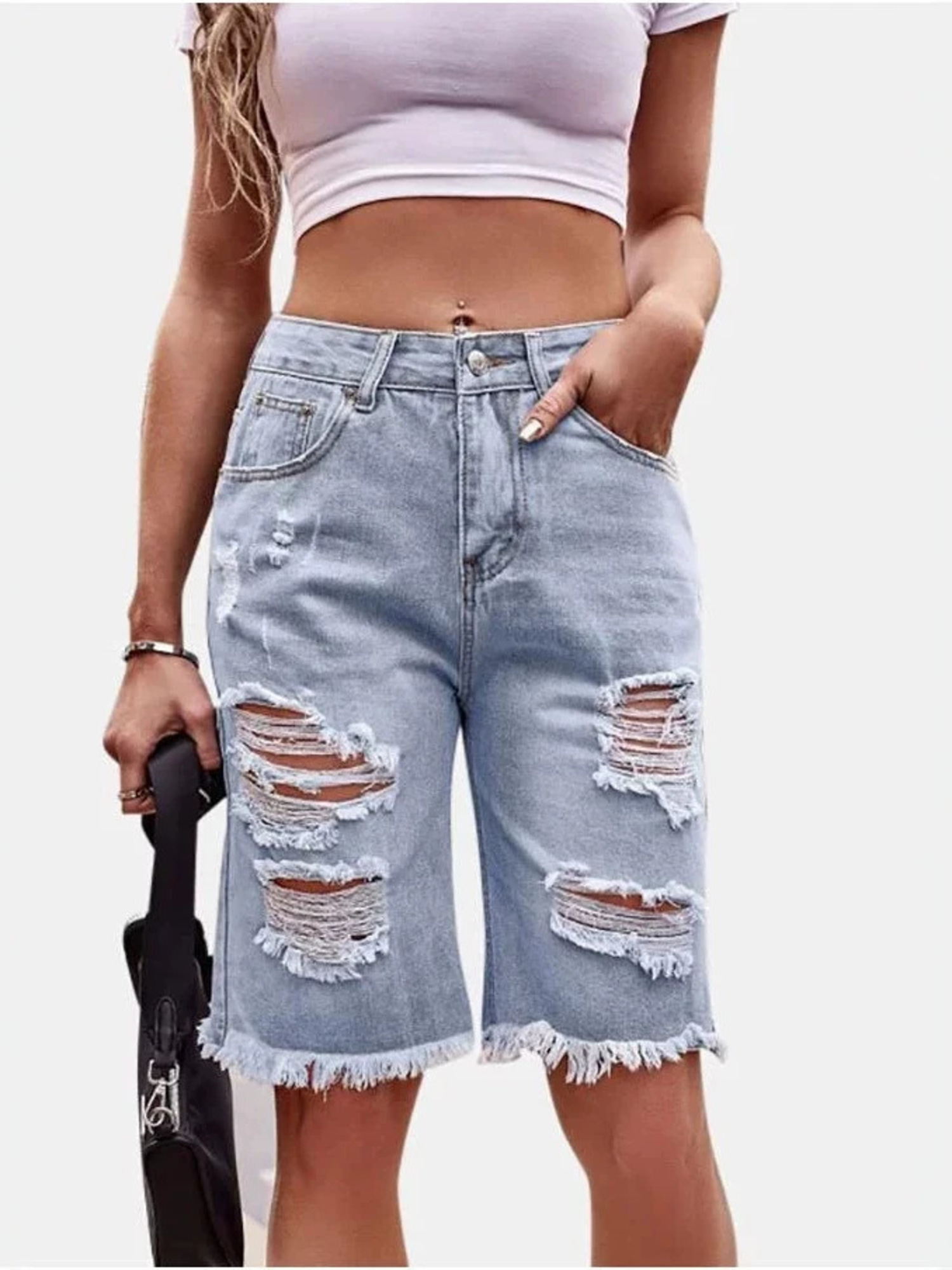 Women's High Waist Ripped Cott - Shorts Denim Frayed 리뷰 및 가격