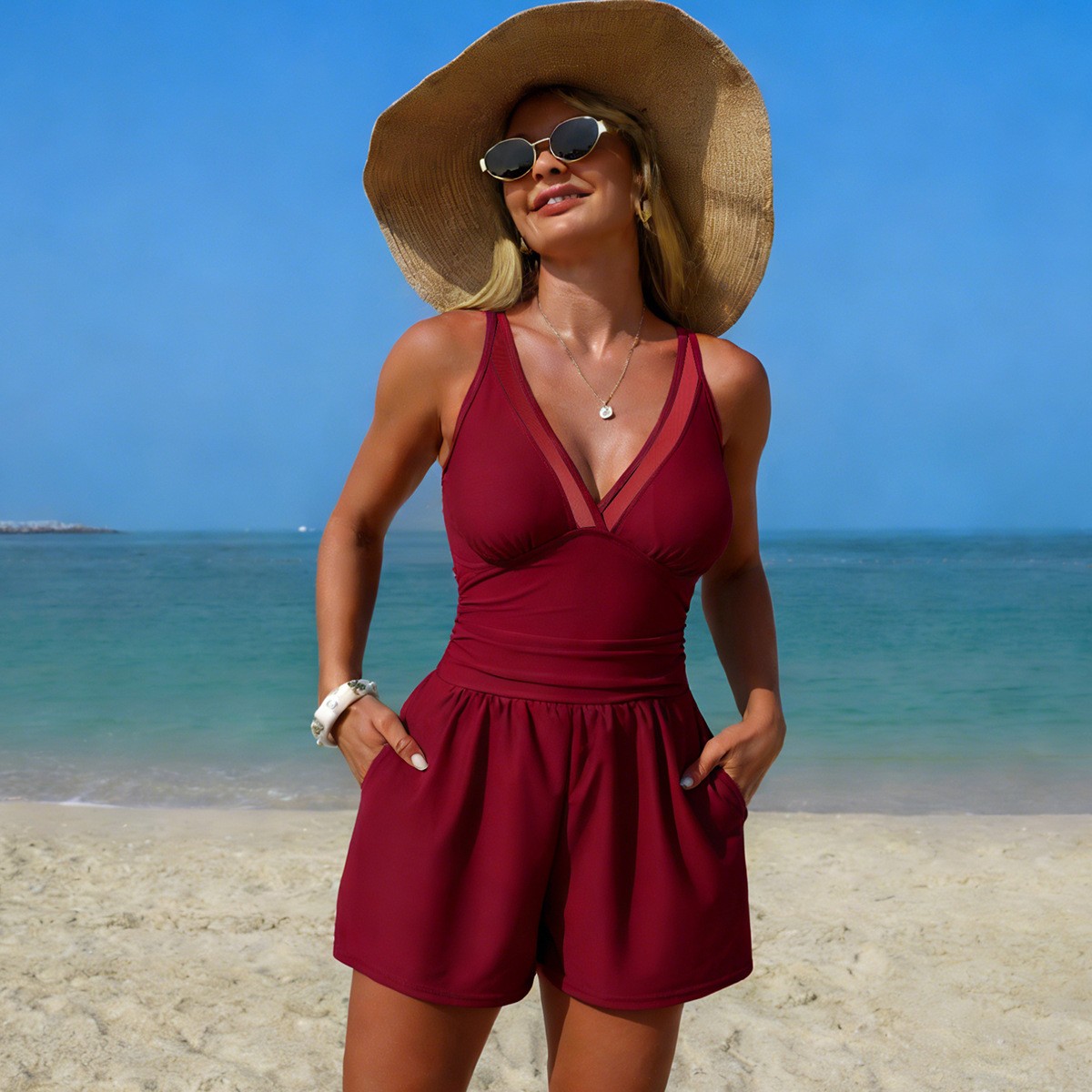 Black Solid Color Sleeveless V - Swimsuit Bikini Ruched 리뷰 및 가격