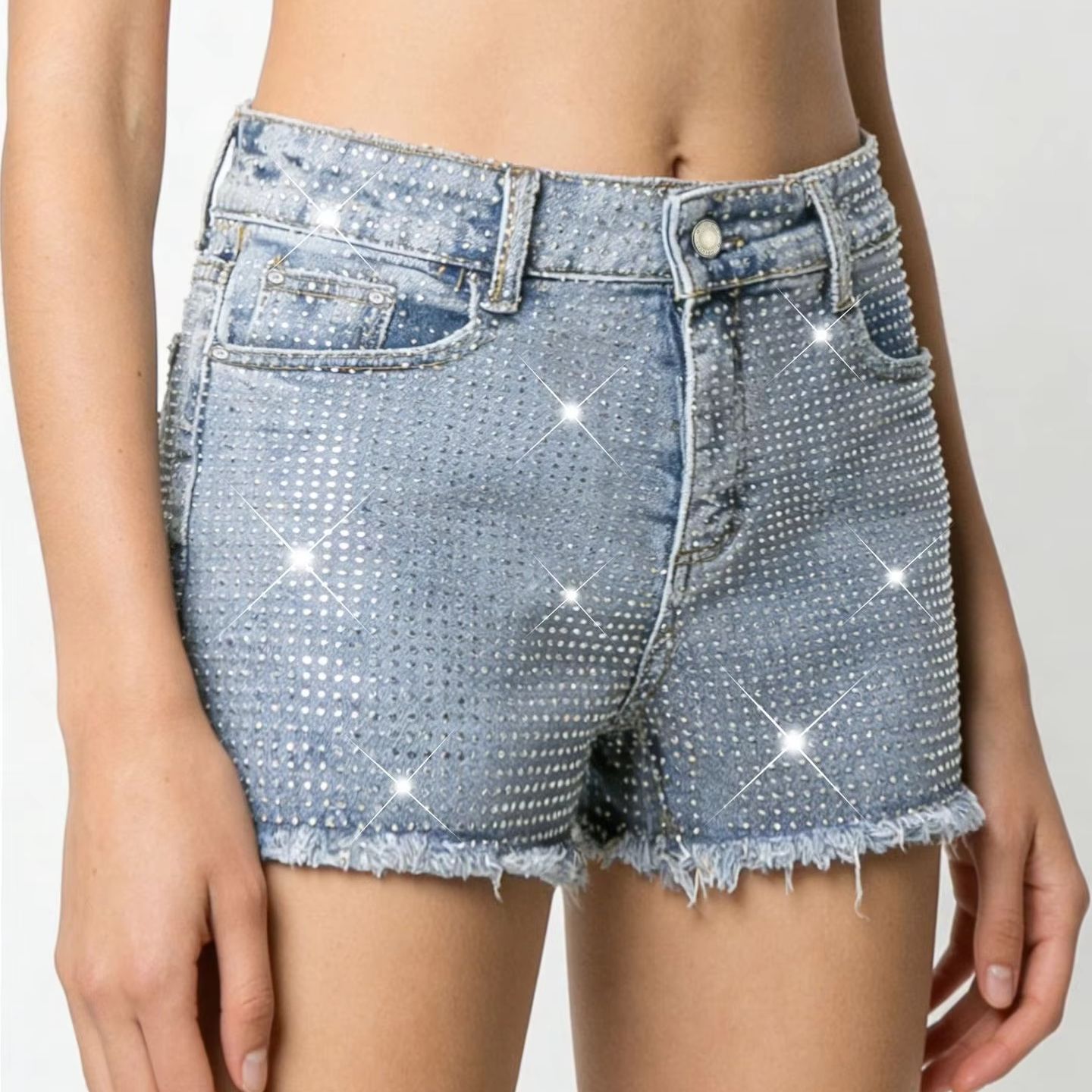 2026 New Full-Bejeweled Elasti - Shorts Denim Frayed 리뷰 및 가격