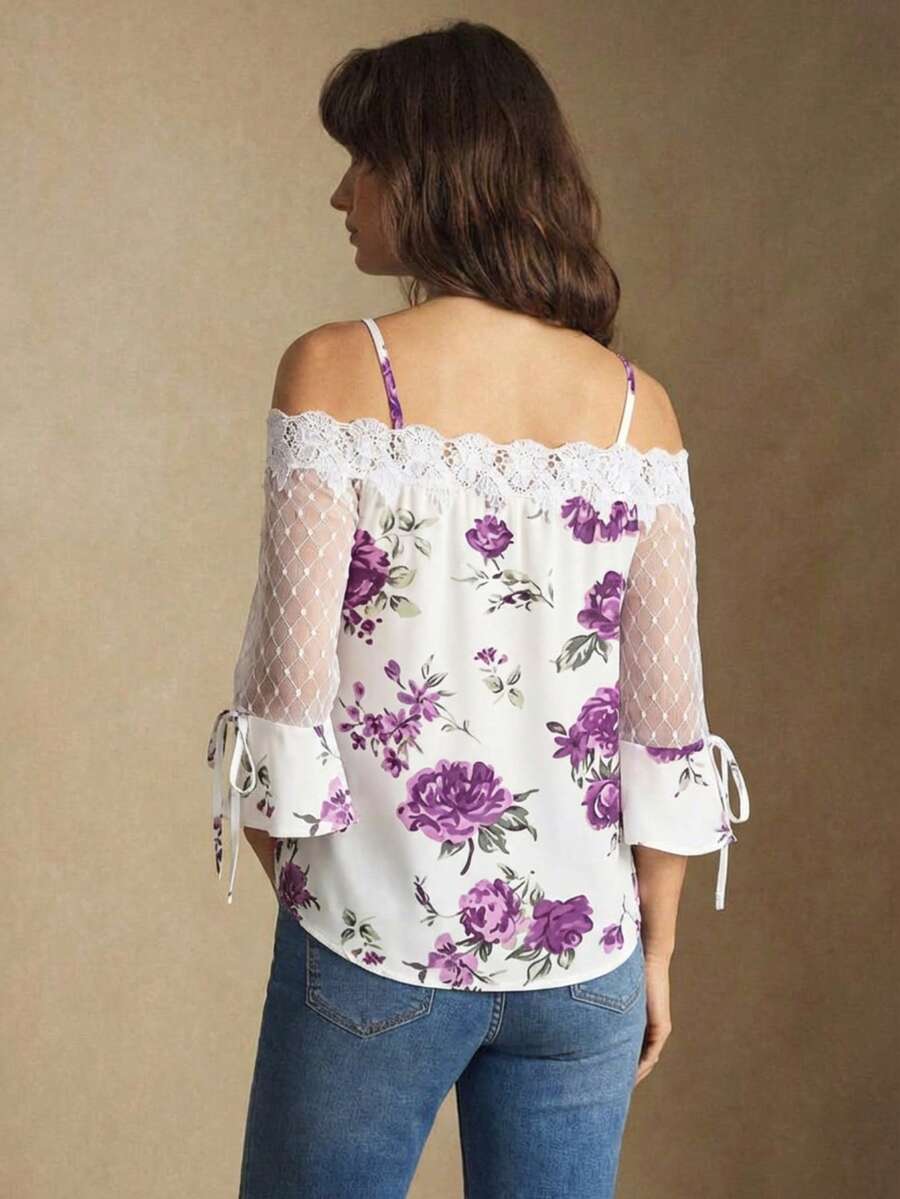 Purple Floral Print Off Should - Blouse Off Shoulder 리뷰 및 가격