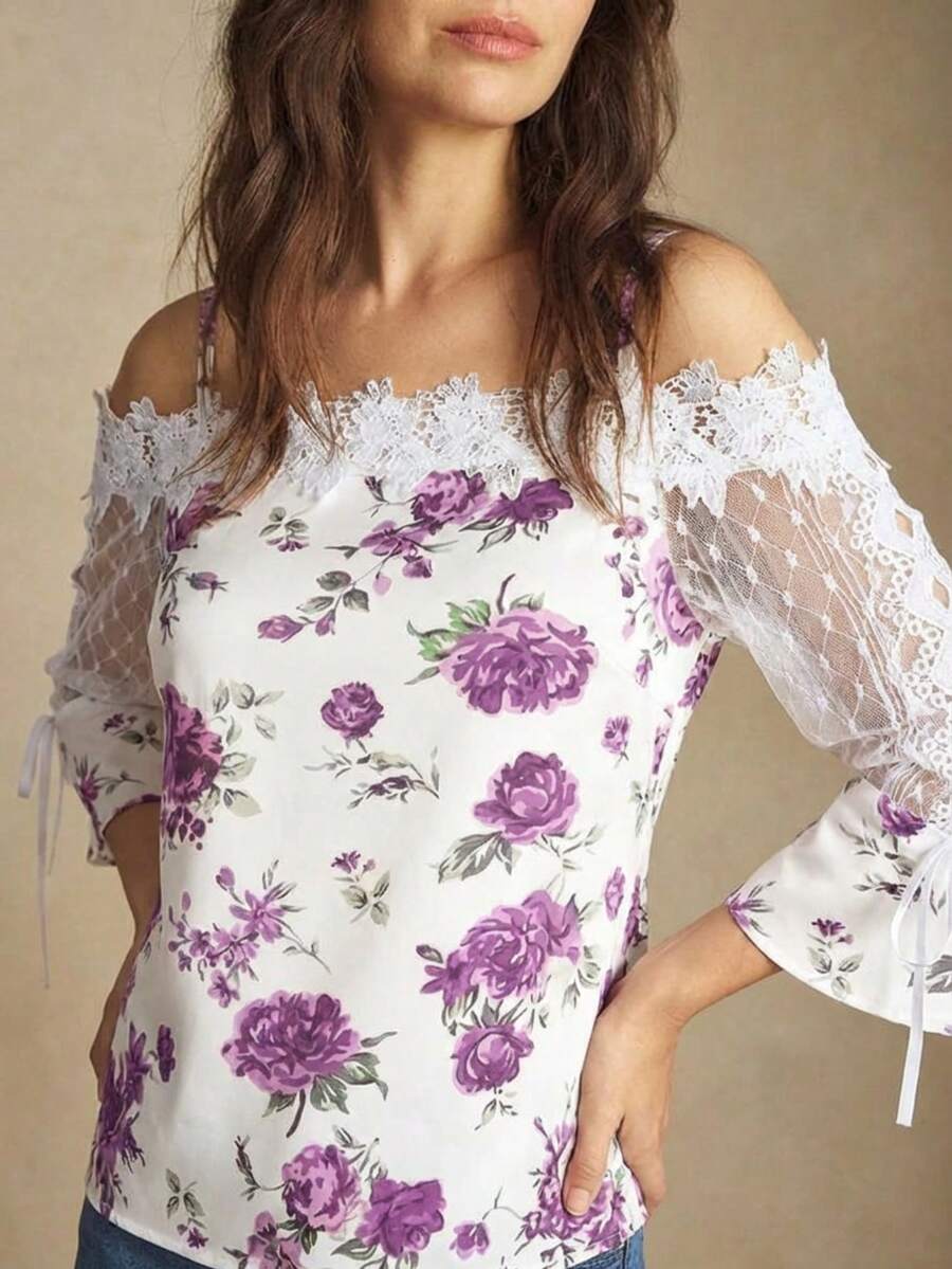 Purple Floral Print Off Should - Blouse Off Shoulder 리뷰 및 가격