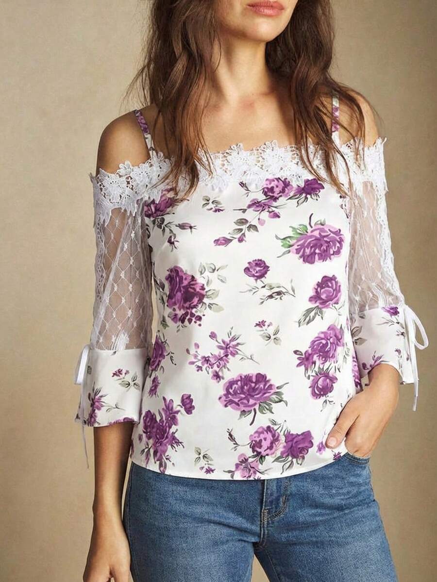Purple Floral Print Off Should - Blouse Off Shoulder 리뷰 및 가격