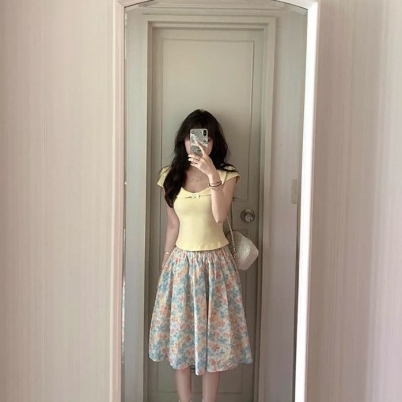 Women 2 Piece Set Bow Top And  - Midi Skirt Floral 리뷰 및 가격